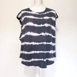 Errant SIZE M Blue White Stripe Beach Short Sleeve Round Hem Linen Blen Top BOHO